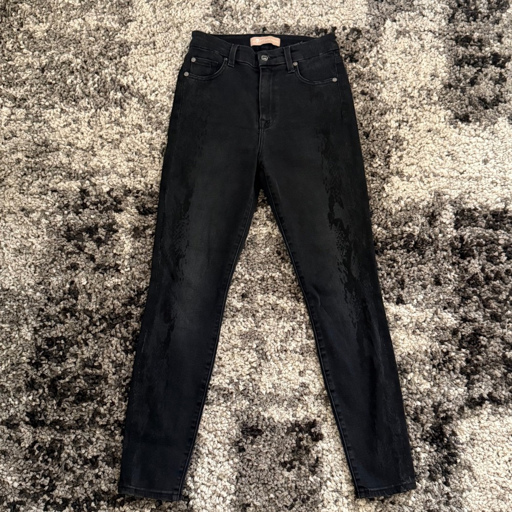 7 For All Mankind Luxe Vintage Aubrey Skinny Jeans BLK Snake Print High Rise 24